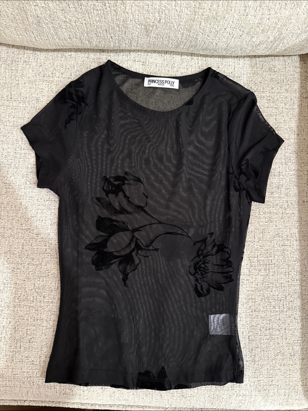 Princess Polly Black Floral Mesh Short Sleeve Top